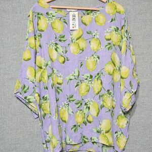 Italy Moda Linen Top Womens Lemon Print Short Sleeve Purple OS Italy NWT